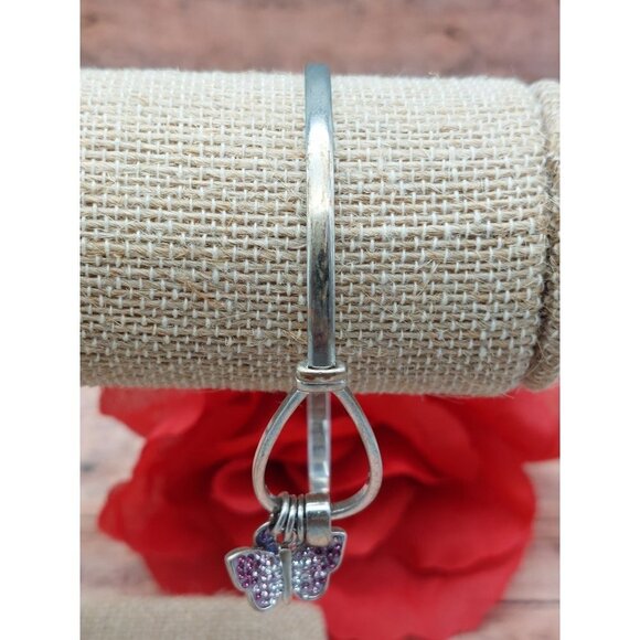 Signed SU CZ CH Sterling Silver Cuff Bracelet Dangle Charm Purple Butterfly - Picture 7 of 10
